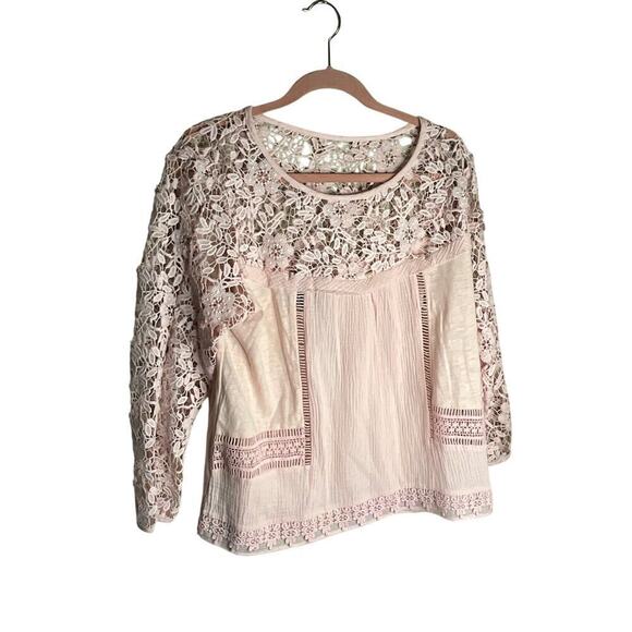 Guest Editor Tops - Guest Editor Floral Lace Blouse 3/4 Sleeve Crew Neck Gauze Pink Womens Large NWT